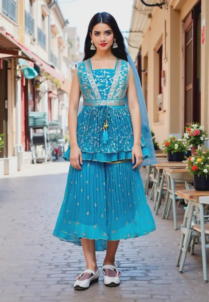 Elegant Blue Embroidered Long Kurti with Flared Sleeves for Women 