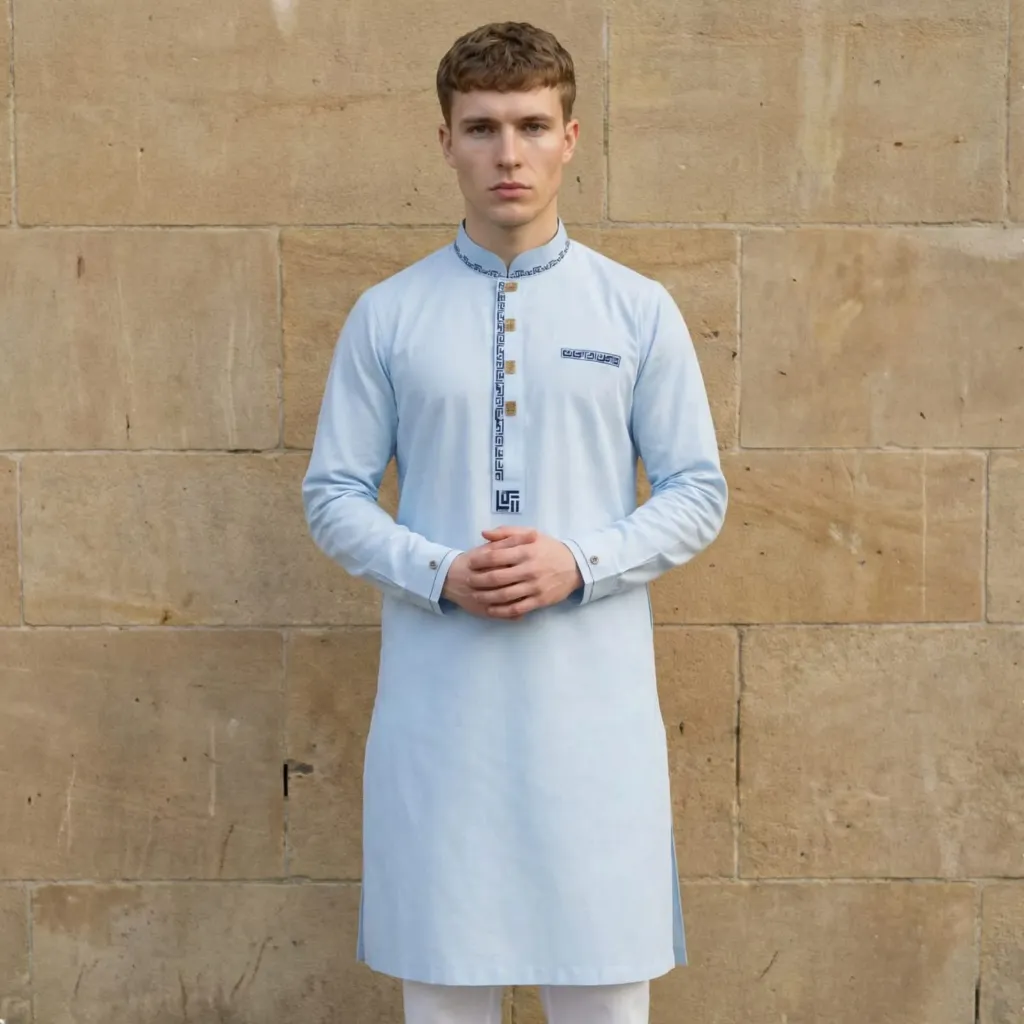 IZZAT Men's Light Blue Kurta Sky Blue Cotton Festive Wear- salima